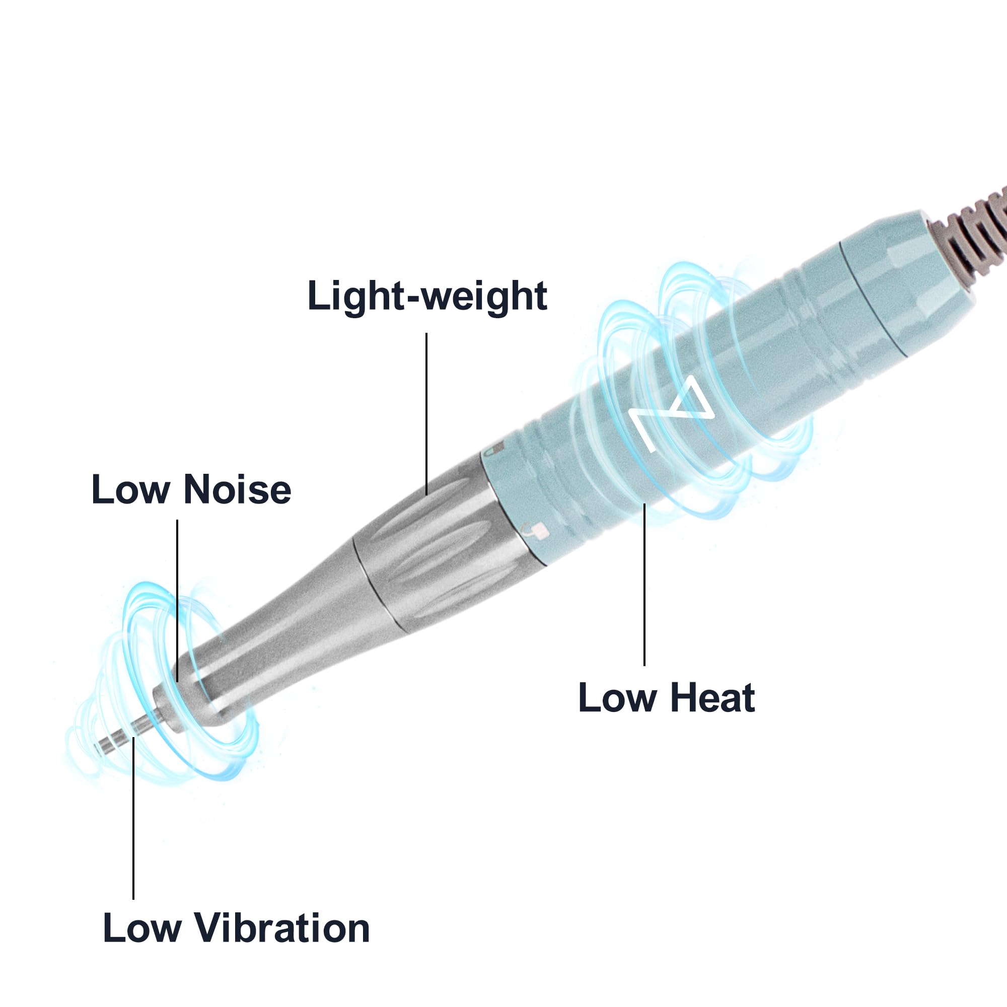 Mermaid coreless 35k rpm handpiece close-up highlights quiet operation.