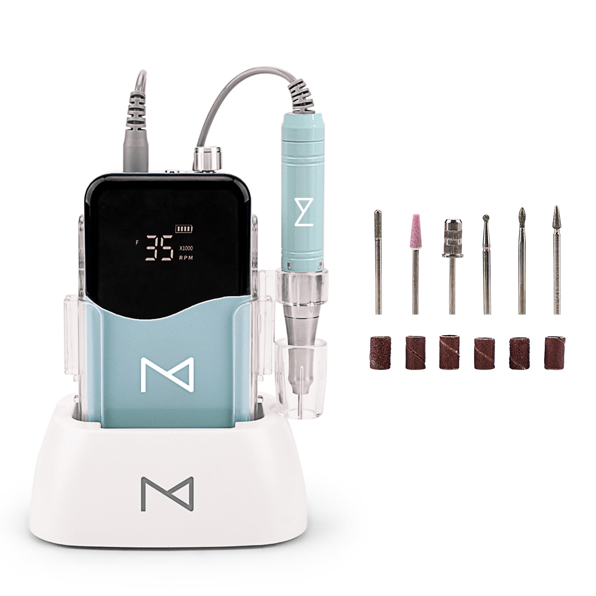 Mermaid coreless 35k rpm handpiece in use during nail shaping.