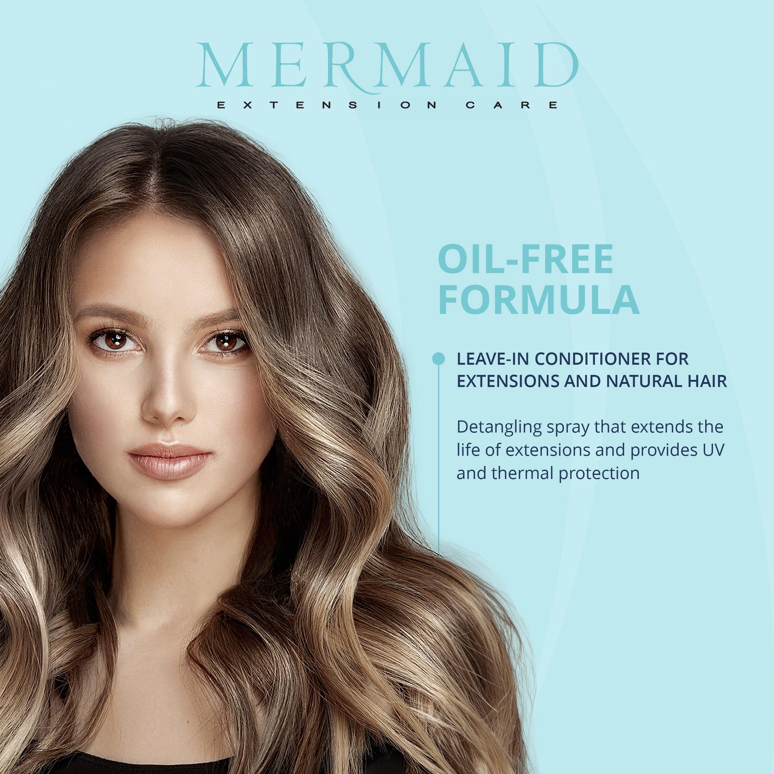 Mermaid Extension Care heat protection spray shields extensions and natural hair from heat.