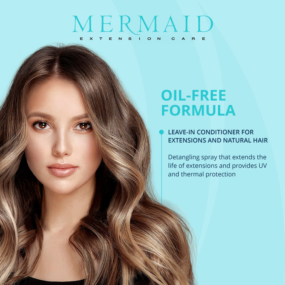 Mermaid Extension Care heat protection spray shields extensions and natural hair from heat.