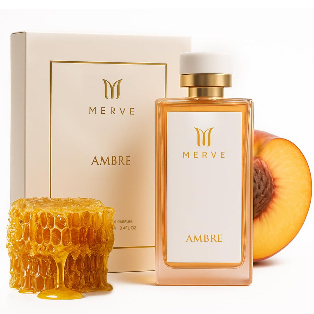 Merve Ambre bottle closeup showing premium glass for everyday elegance.