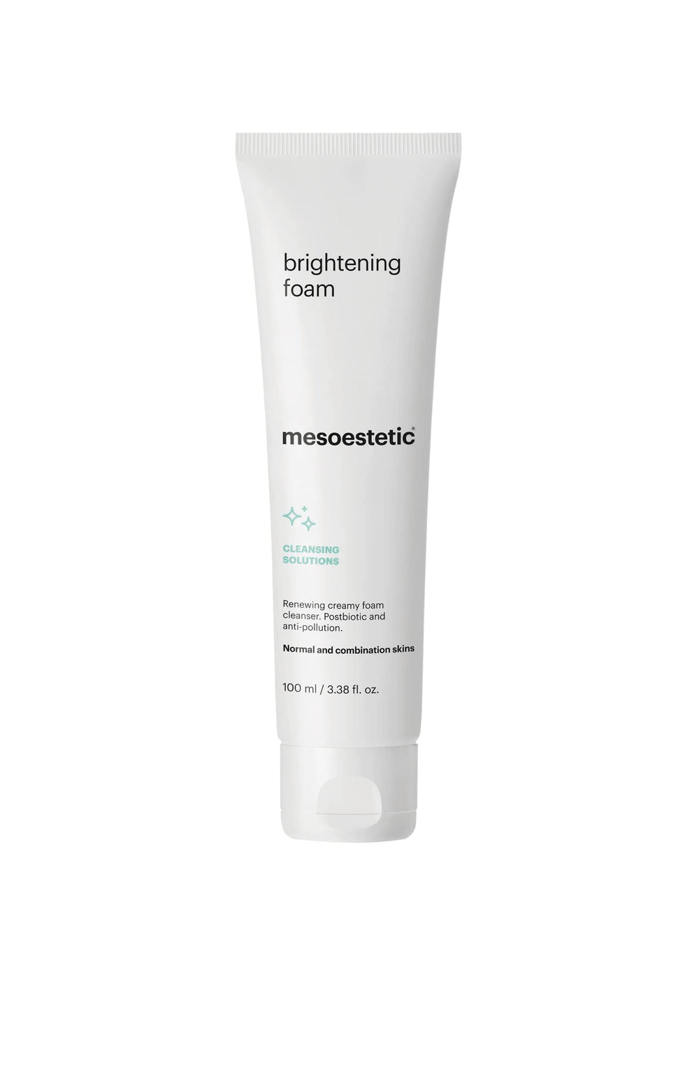Mesoestetic Brightening Foam bottle for gentle cleansing and light hydration.