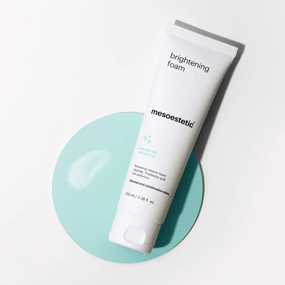 Mesoestetic Brightening Foam on shelf invites daily use with foam texture.