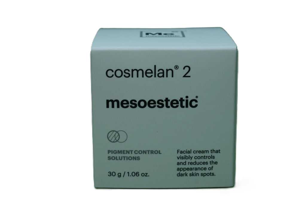 Mesoestetic Cosmelan 2 Maintenance Cream jar shown; reduces brown spots and brightens complexion