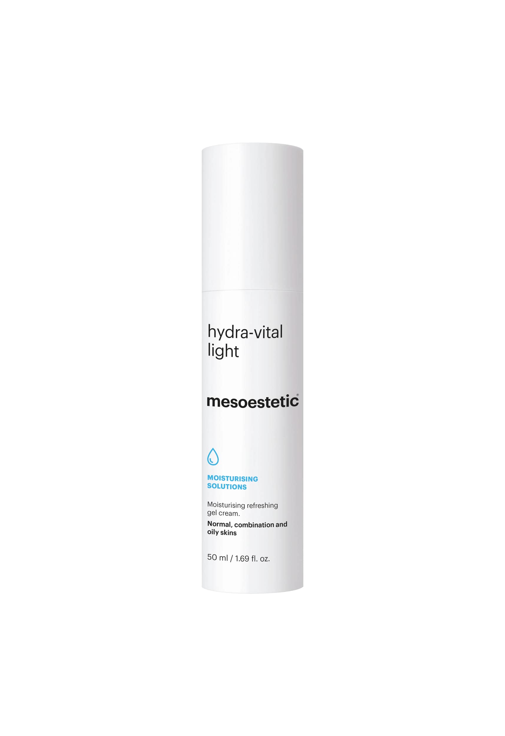 Mesoestetic Hydra-Light cream bottle close-up showing lightweight hydration for all-day moisture.