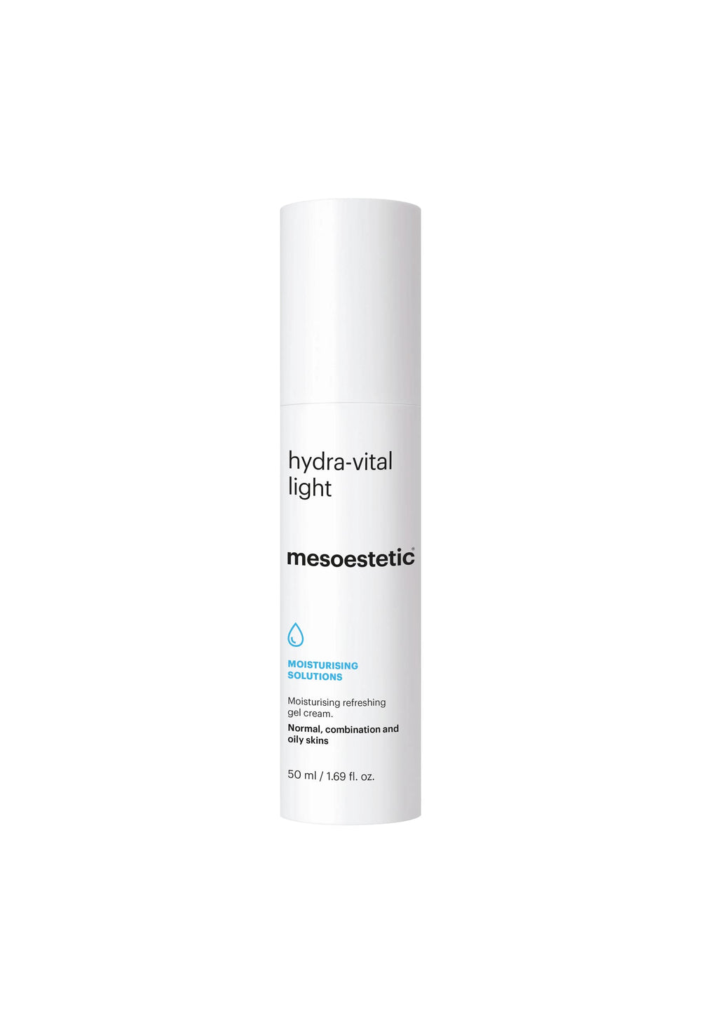 Mesoestetic Hydra-Light cream bottle close-up showing lightweight hydration for all-day moisture.