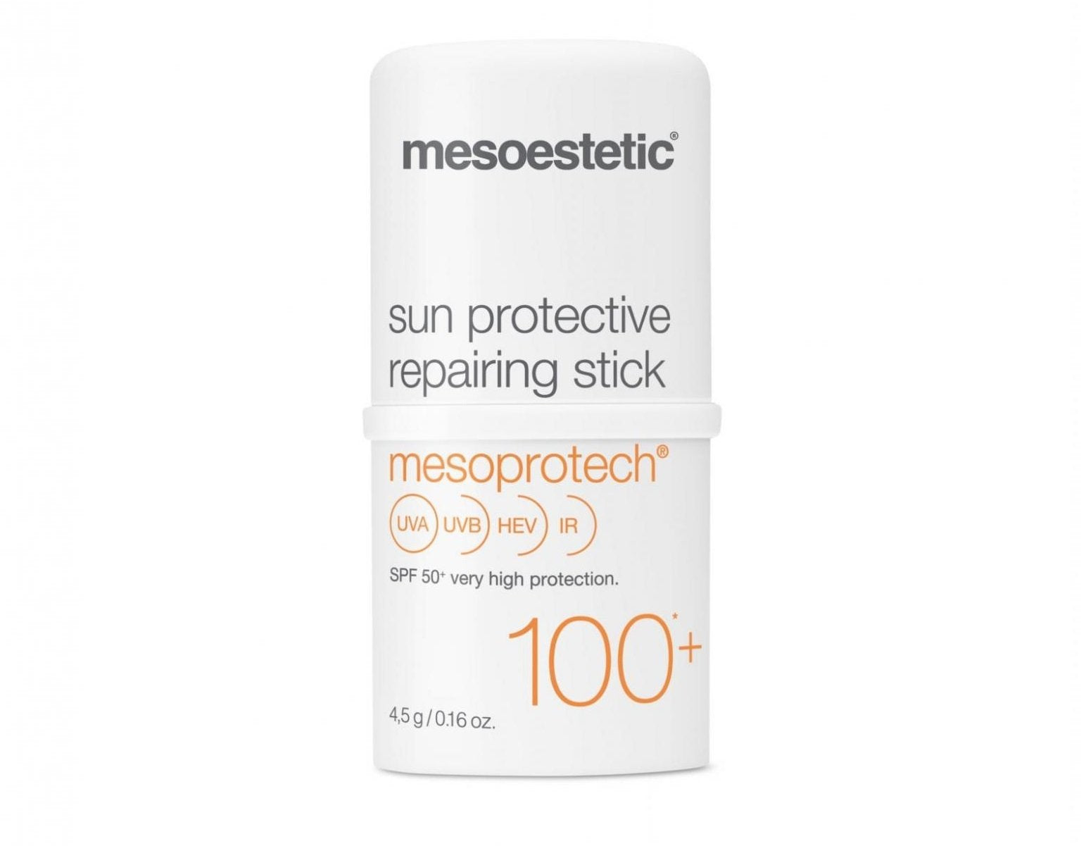 Mesoestetic Mesoprotech sun protective repairing stick for sensitive areas like eyes and lips, easy to apply.