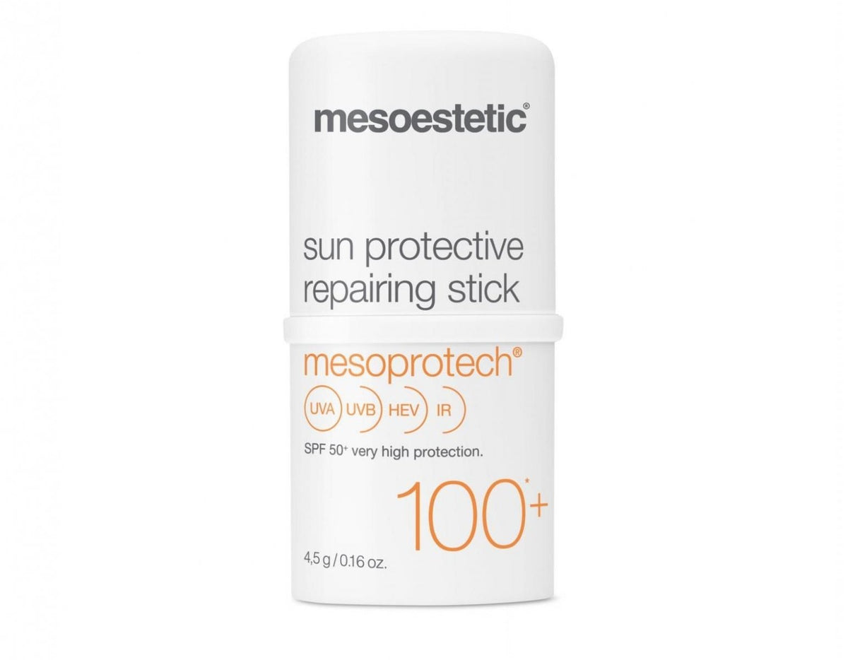 Mesoestetic Mesoprotech sun protective repairing stick for sensitive areas like eyes and lips, easy to apply.