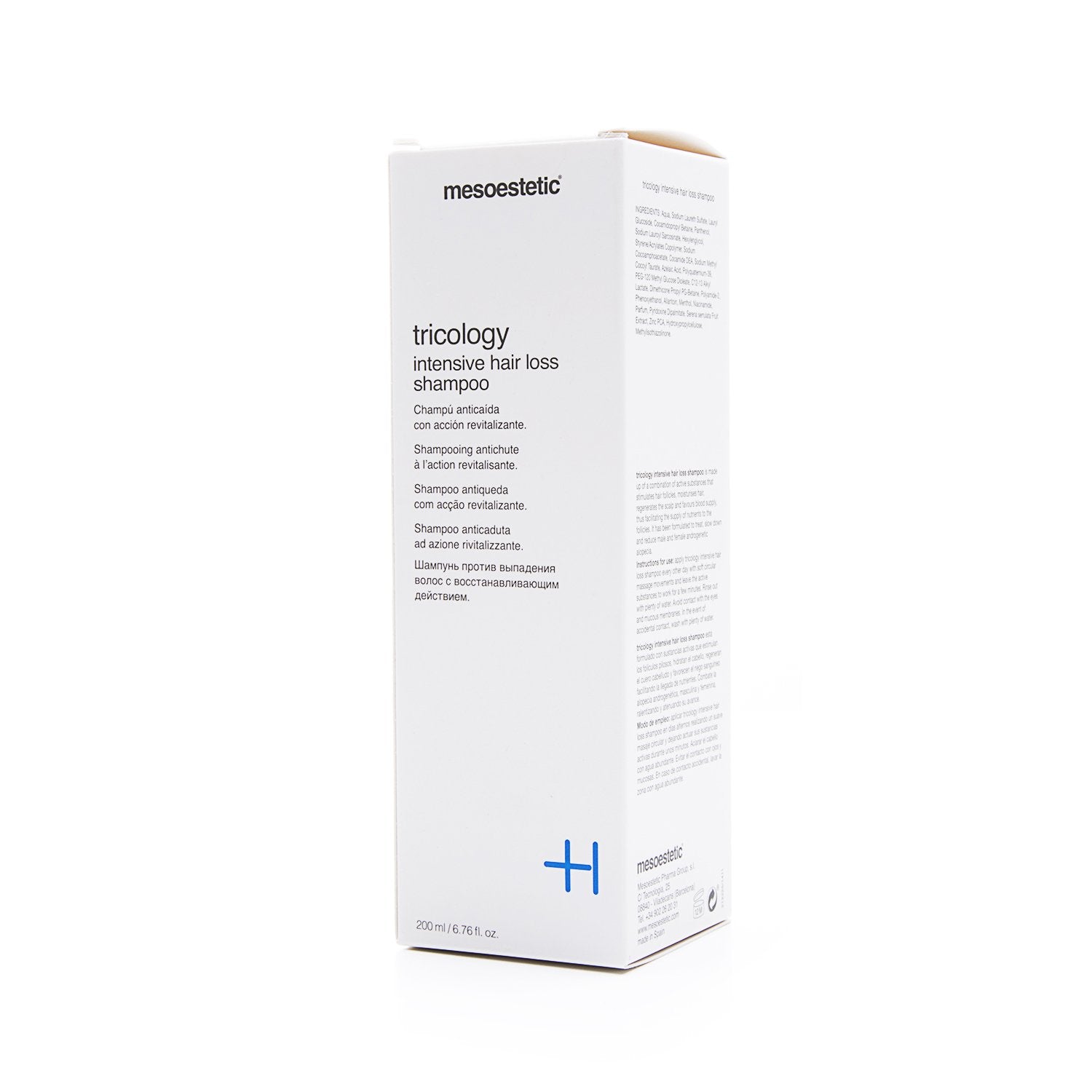 Mesoestetic Tricology bottle viewed up close, supports scalp care and fuller-looking hair.