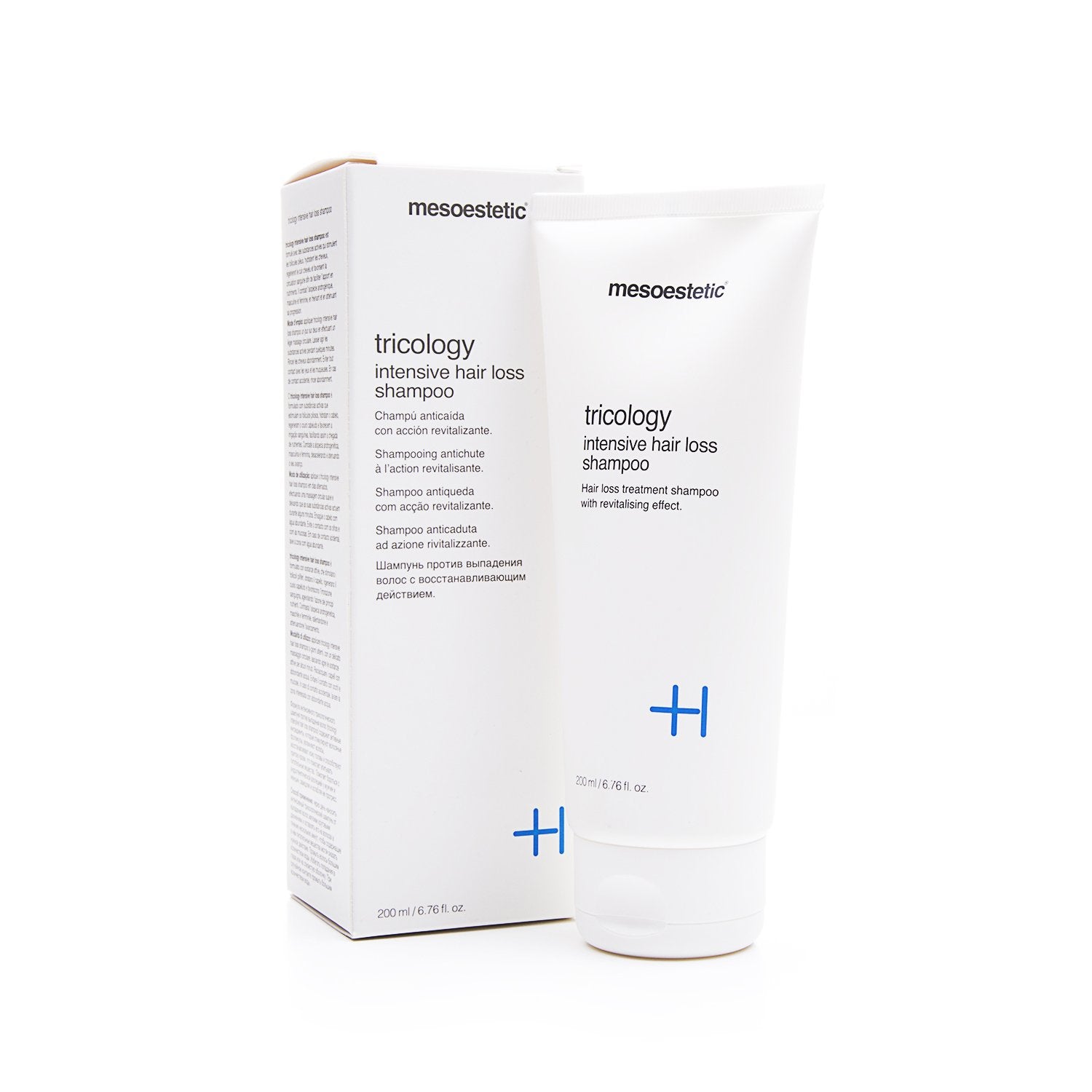 Mesoestetic Tricology shampoo label close-up, signals professional-grade thinning-hair formula.