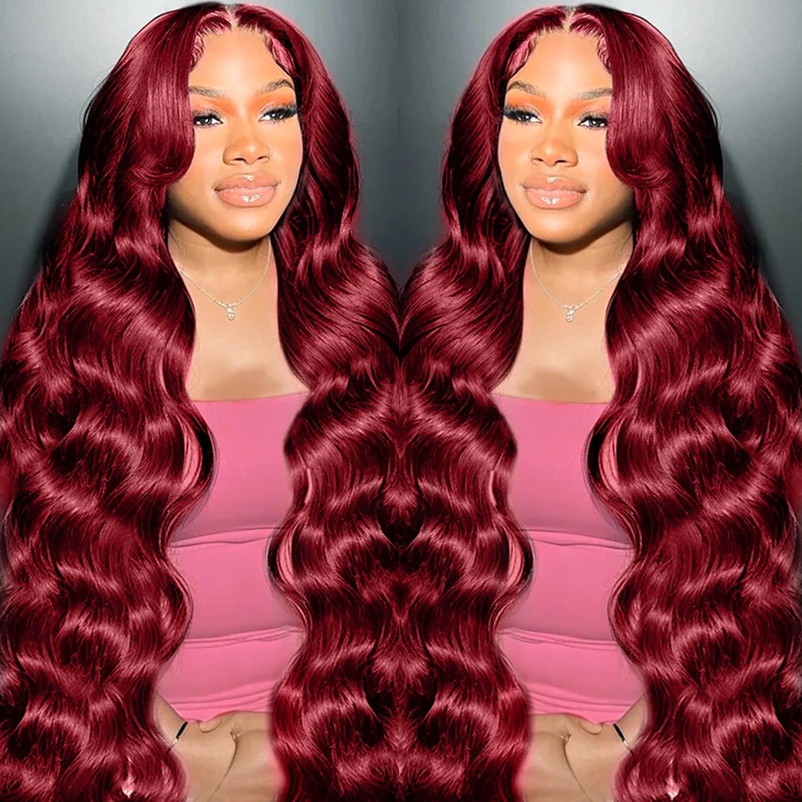 METDIO 99J Burgundy lace front wig front view with natural luster and versatile parting