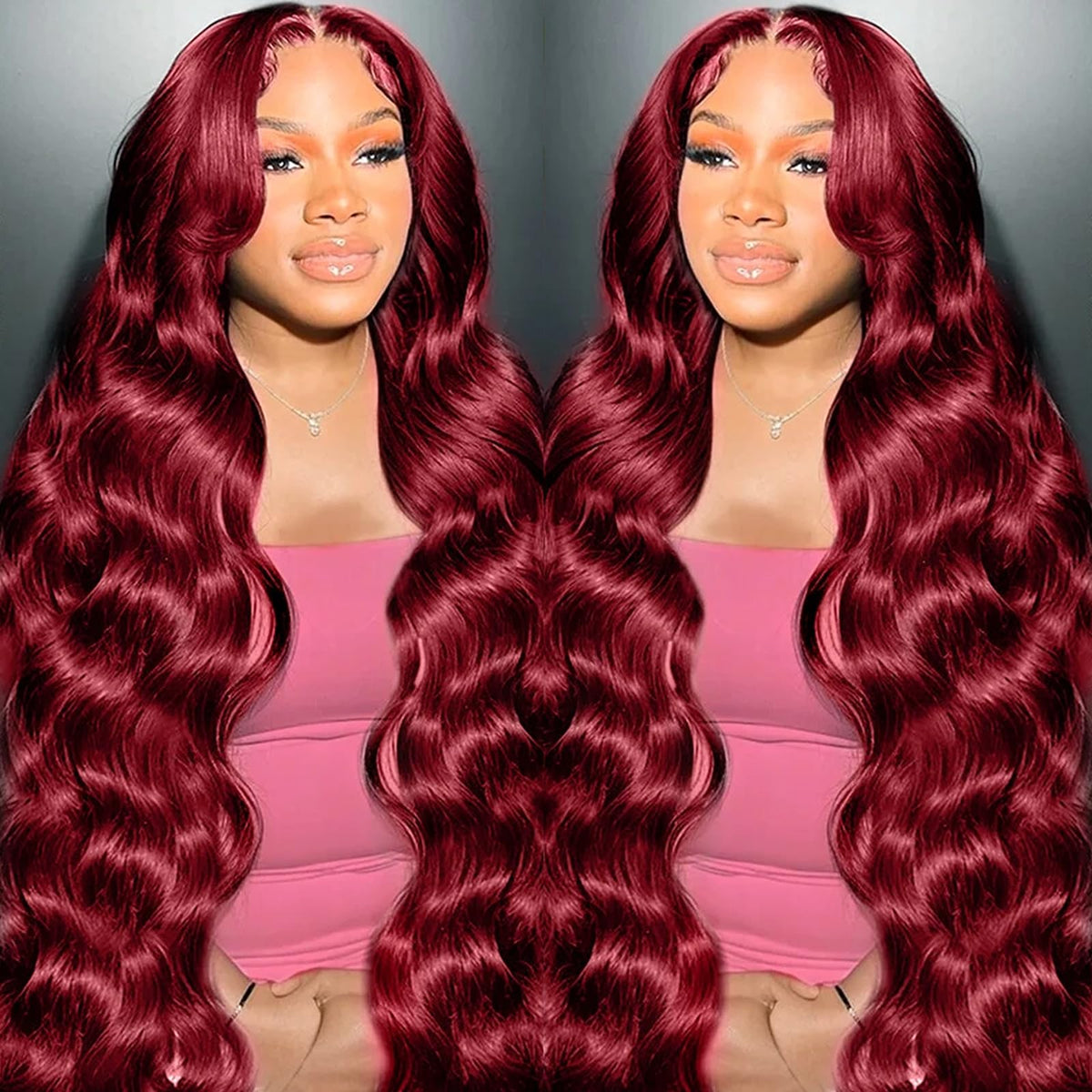 METDIO 99J Burgundy lace front wig front view with natural luster and versatile parting