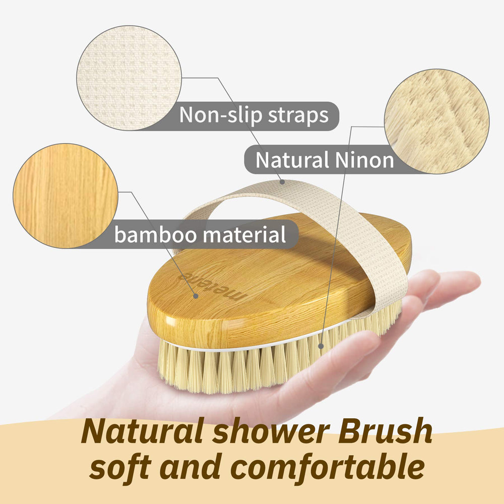 Metene bamboo-handle body brush with non-slip belt for comfortable grip