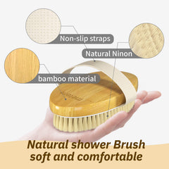 Metene bamboo-handle body brush with non-slip belt for comfortable grip