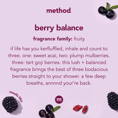 Method Berry Balance ingredients close-up featuring acaí, goji, mulberry.