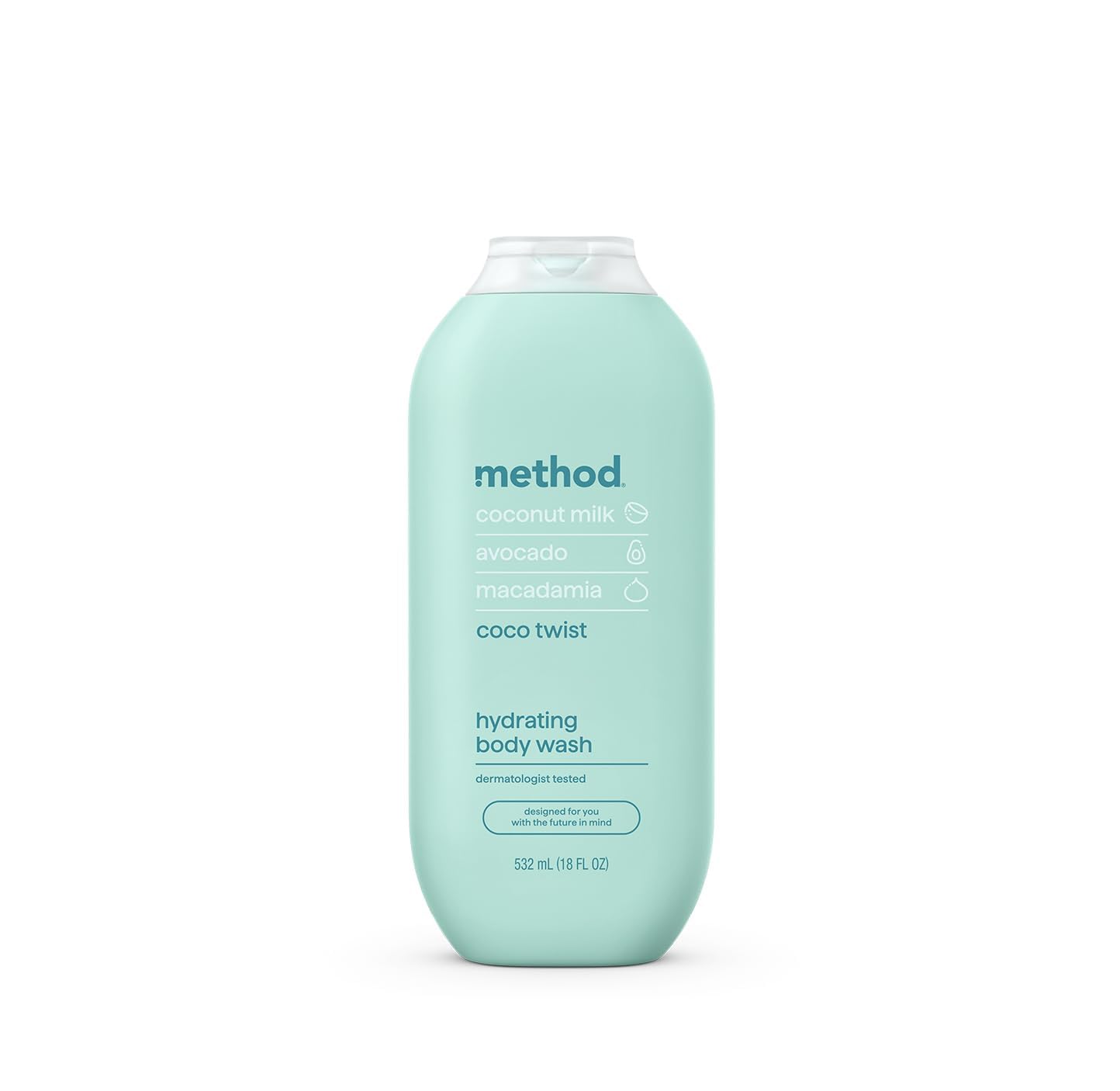 Method Coco Twist bottle front displaying hydration from coconut milk for soft skin