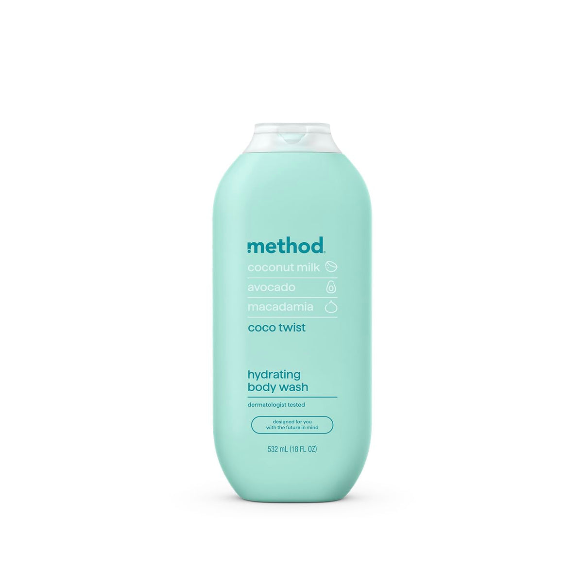 Method Coco Twist bottle front displaying hydration from coconut milk for soft skin
