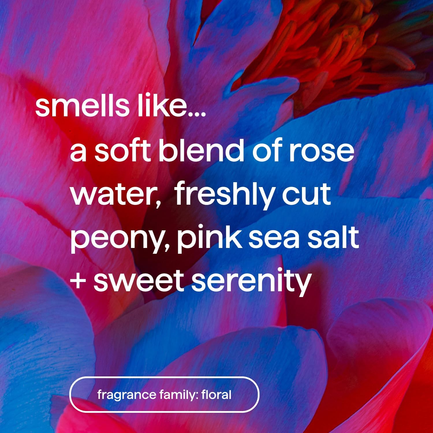 Close-up of Method Pure Peace label with peony, rose water, pink sea salt scent cues