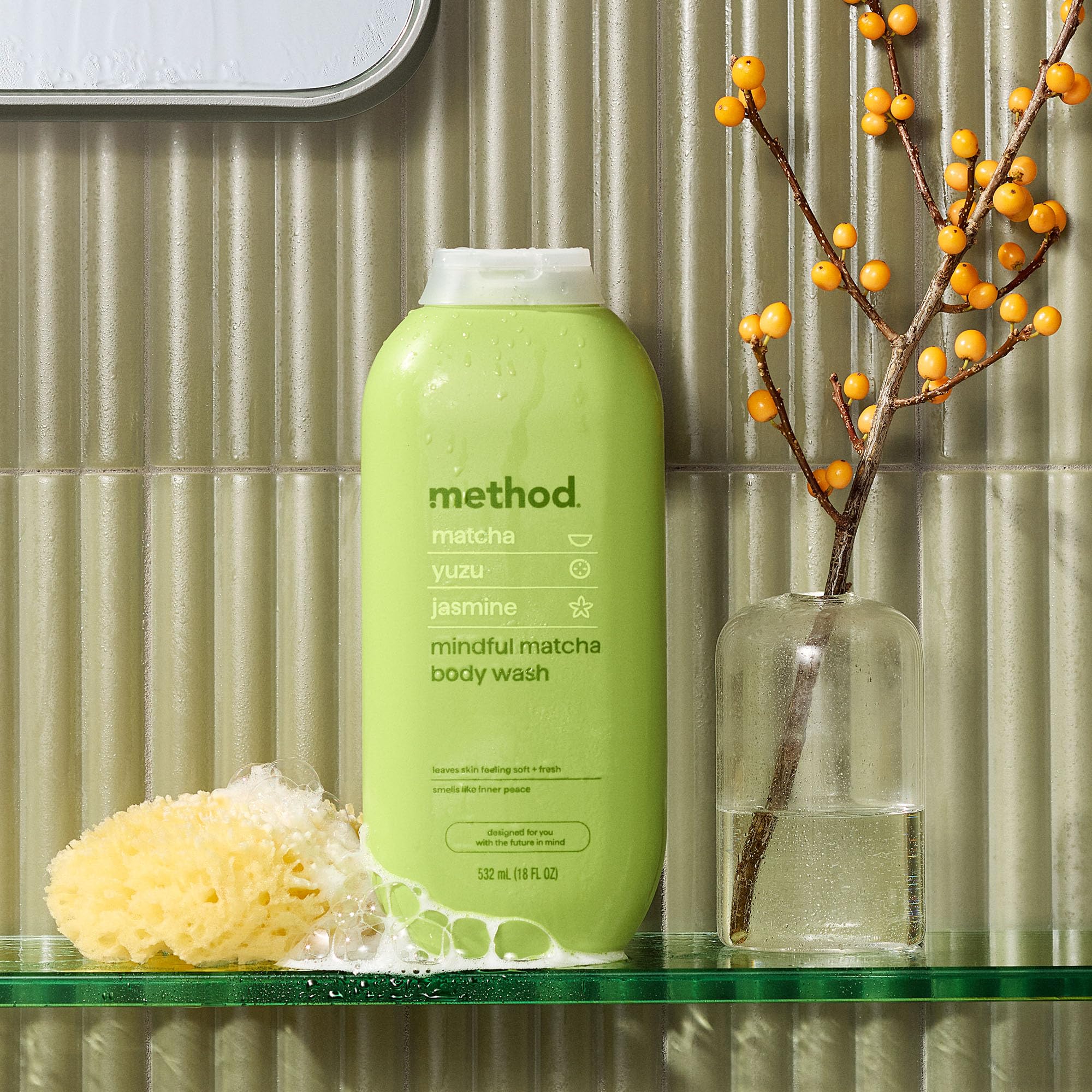 Method Mindful Matcha in a bright shower scene ready for use