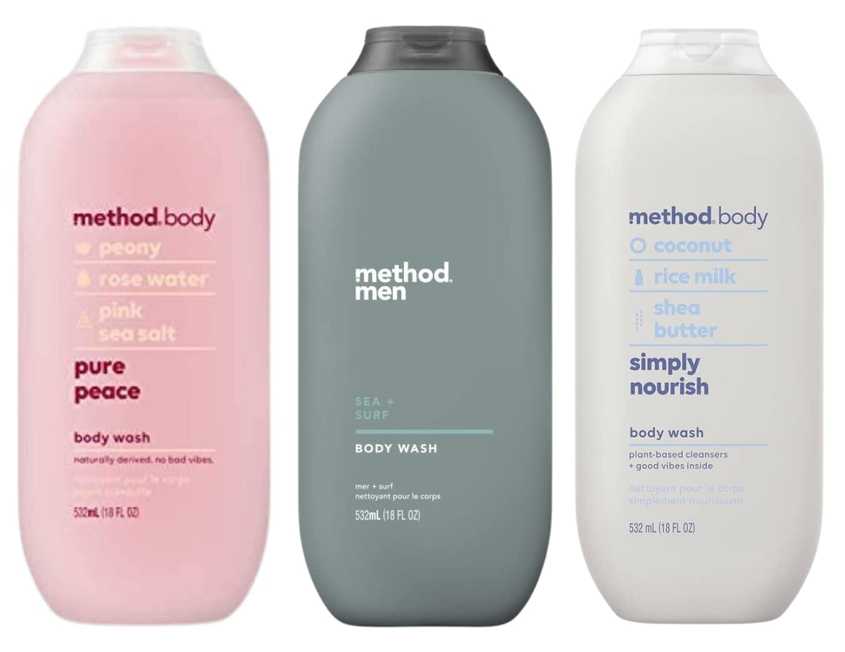 Method Body Wash Sampler Pack front view highlights three scents for versatile cleansing