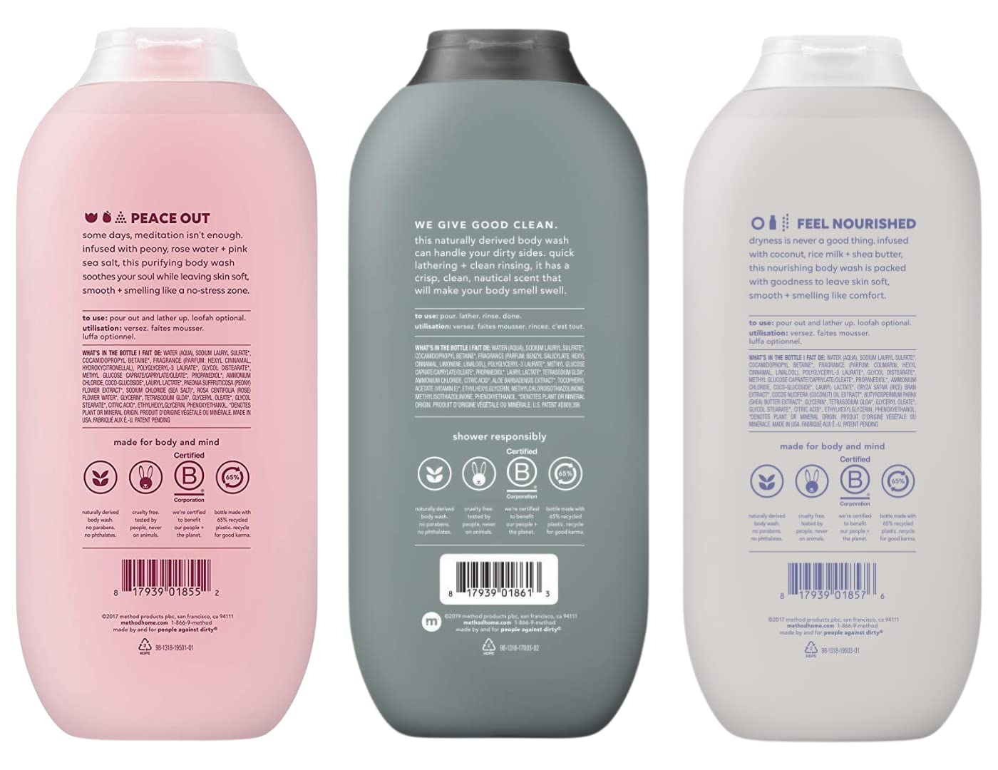 Method Body Wash Sampler Bottles on display present Pure Peace, Sea and Surf, Simply Nourish