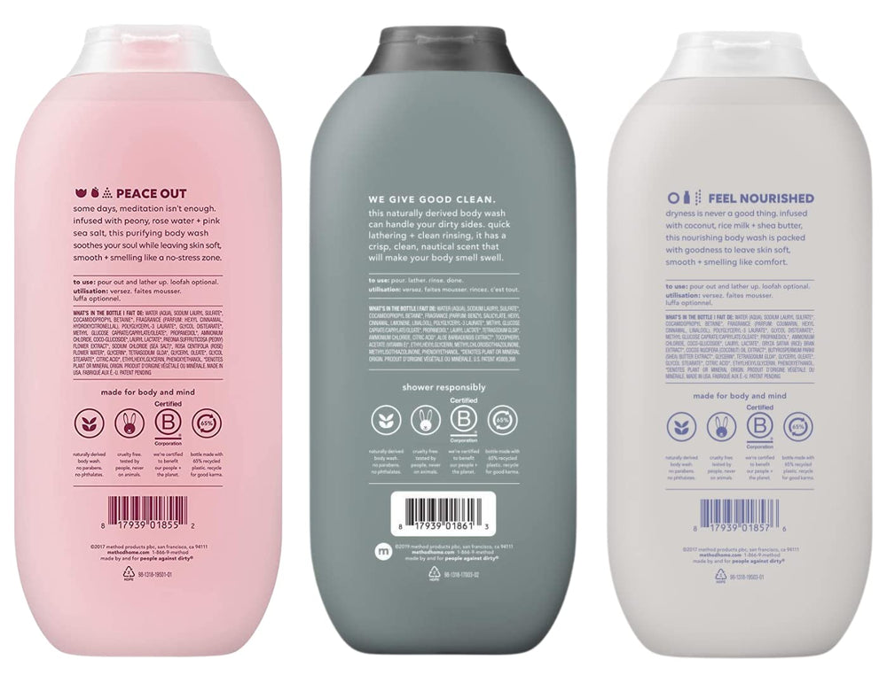Method Body Wash Sampler Bottles on display present Pure Peace, Sea and Surf, Simply Nourish