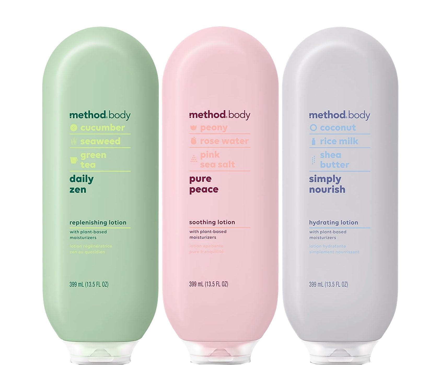 Method Daily Lotion variety-pack bottles on display for all-day hydration.