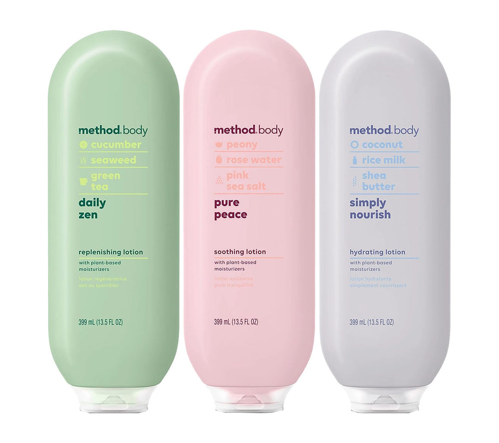 Method Daily Lotion variety-pack bottles on display for all-day hydration.