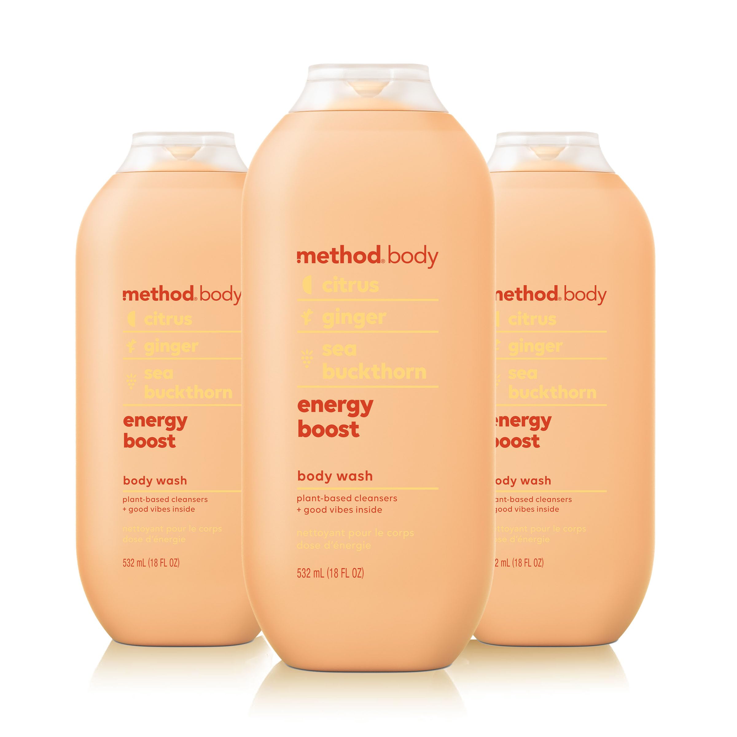 Method Energy Boost body wash bottle — front view with citrus aroma to start your day.
