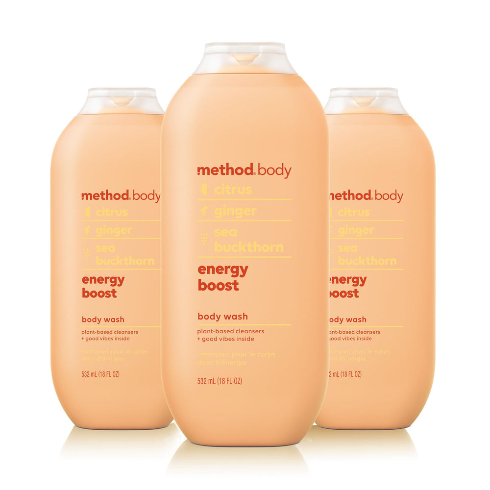 Method Energy Boost body wash bottle — front view with citrus aroma to start your day.