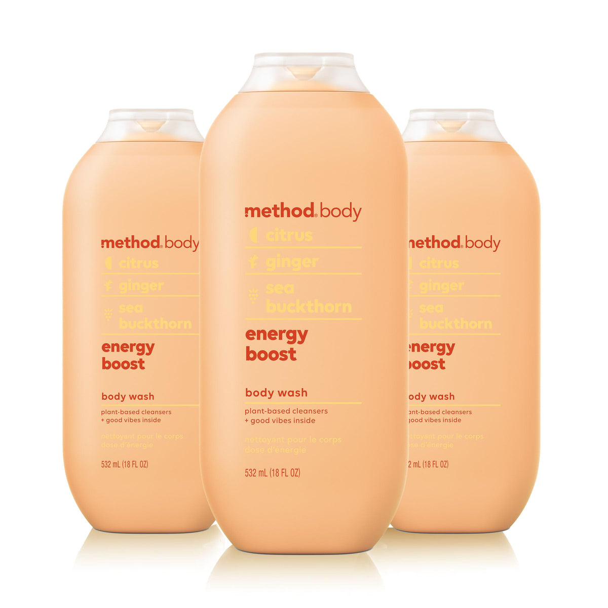 Method Energy Boost body wash bottle — front view with citrus aroma to start your day.