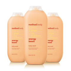 Method Energy Boost body wash bottle — front view with citrus aroma to start your day.