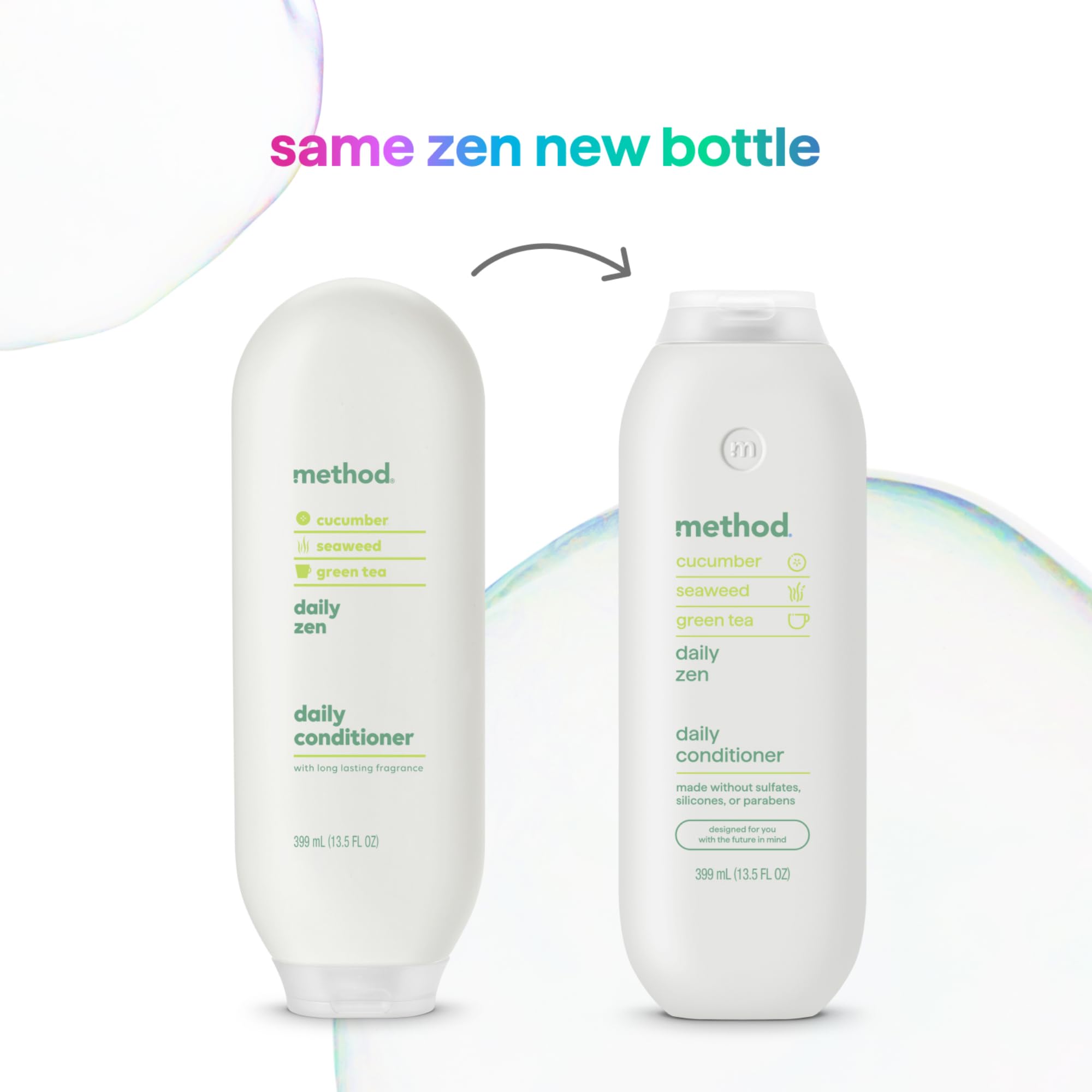 Method Everyday Conditioner close-up bottle showing smooth, manageable hair result