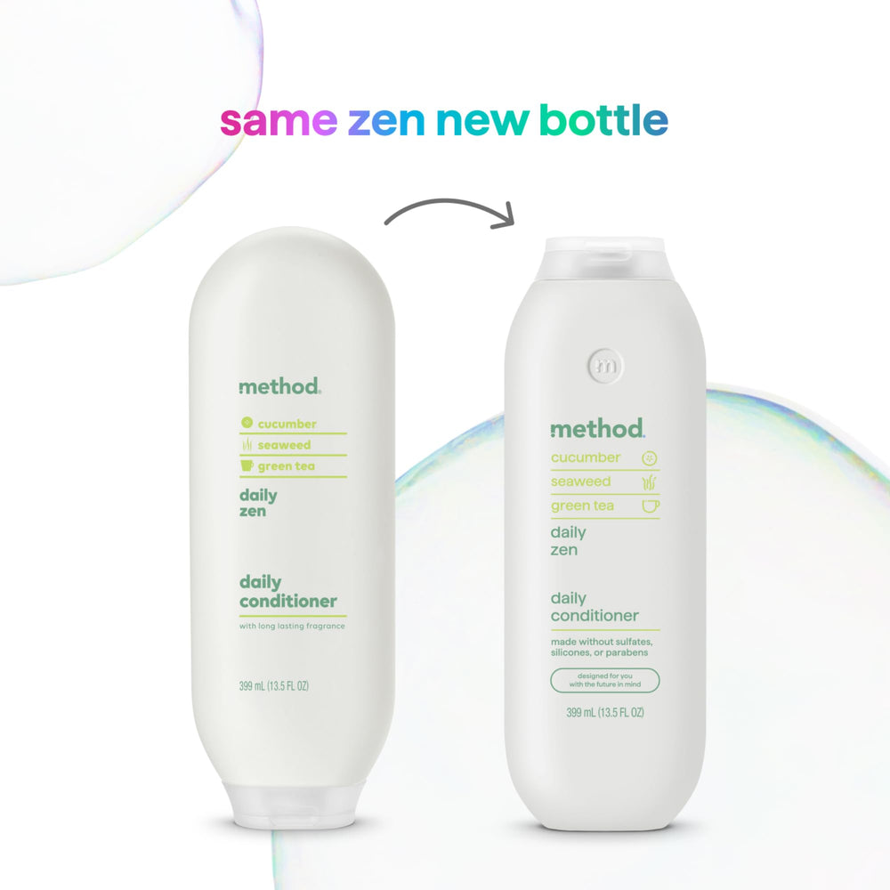 Method Everyday Conditioner close-up bottle showing smooth, manageable hair result