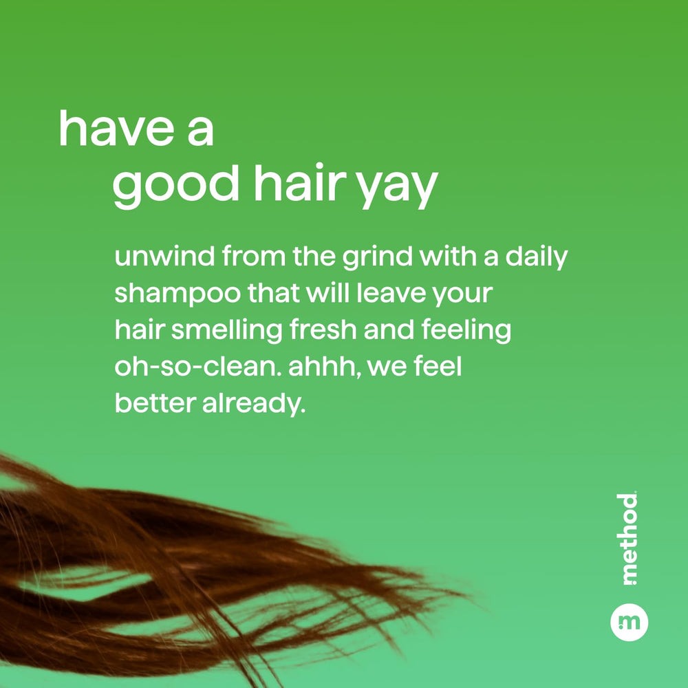 Method Everyday Shampoo color-safe formula close-up with bottle and healthy-looking hair.