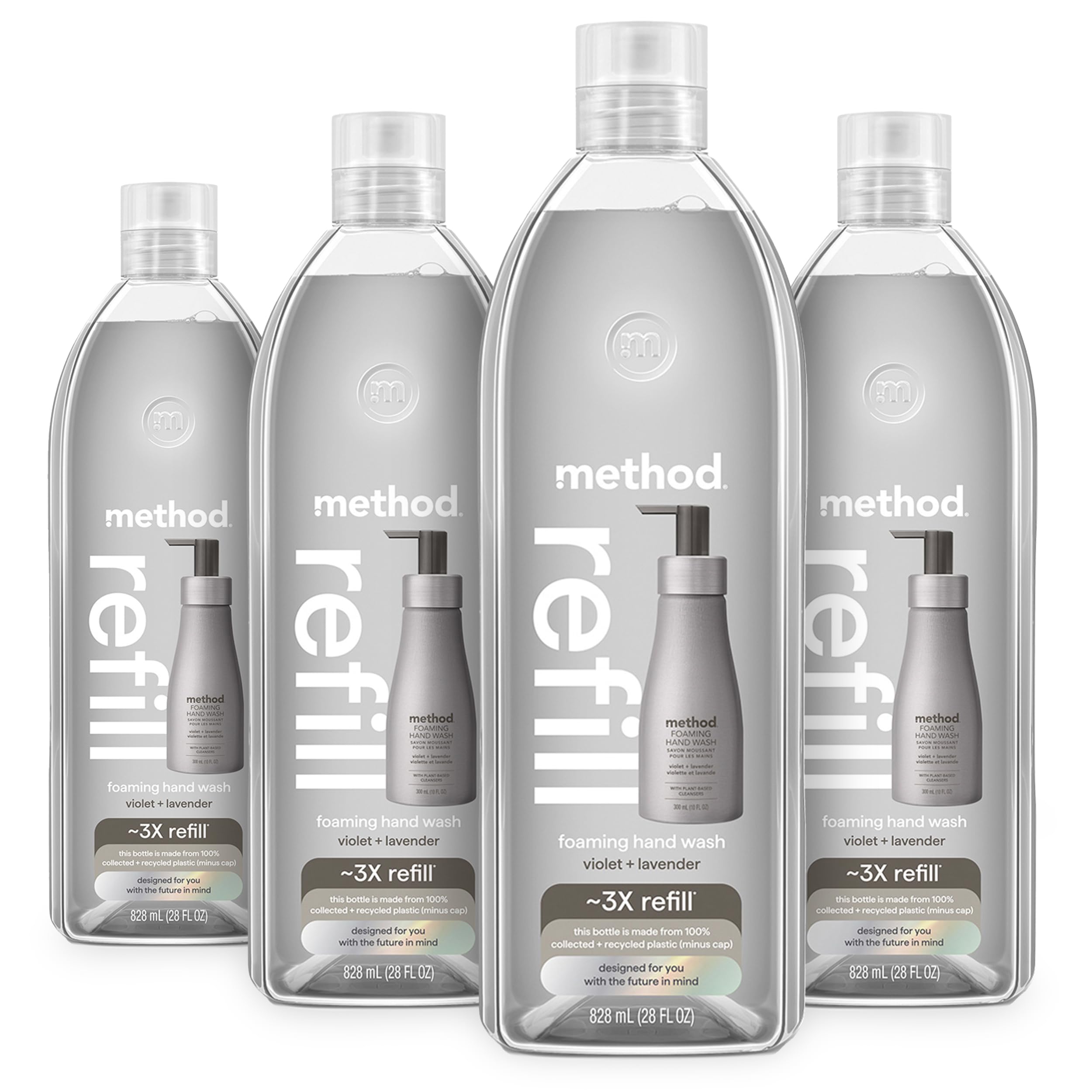 Method foaming hand soap refill in violet lavender scent reduces plastic waste.