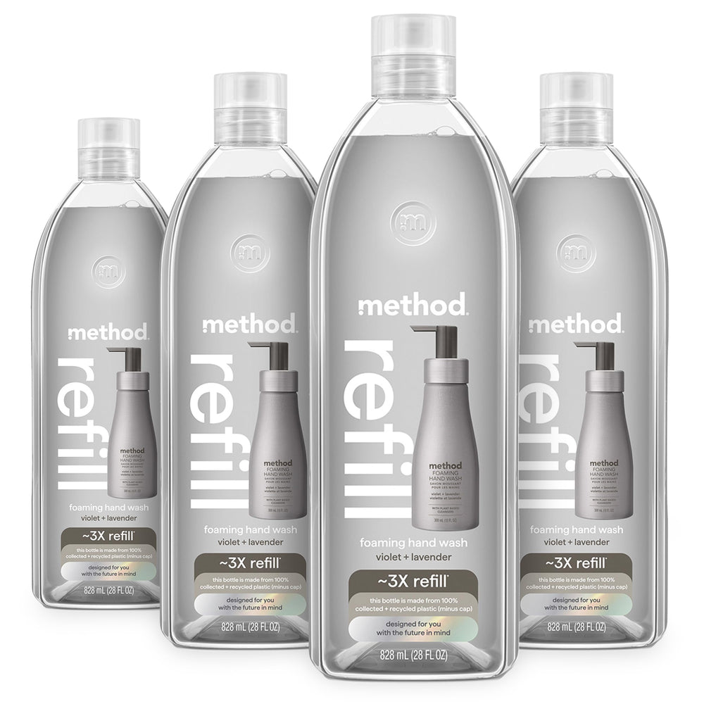 Method foaming hand soap refill in violet lavender scent reduces plastic waste.