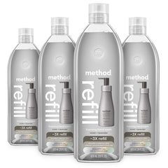 Method foaming hand soap refill in violet lavender scent reduces plastic waste.