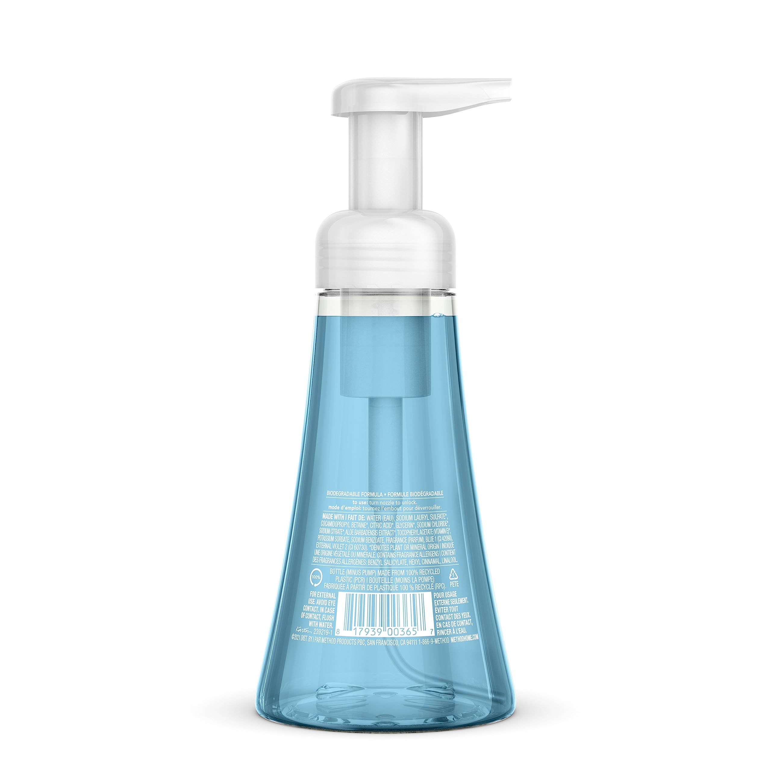 Close-up of Method foaming pump bottle highlighting easy dispensing and gentle formula.