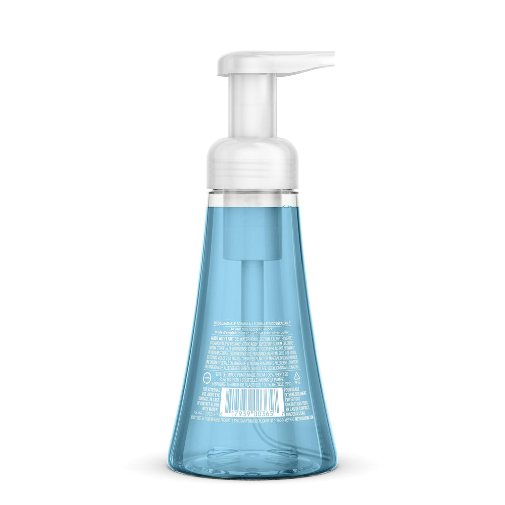 Close-up of Method foaming pump bottle highlighting easy dispensing and gentle formula.