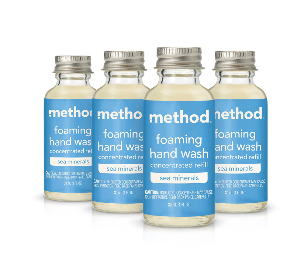 Method foaming hand wash concentrates refills sea minerals bottle demonstrates sustainable packaging and a rich lather