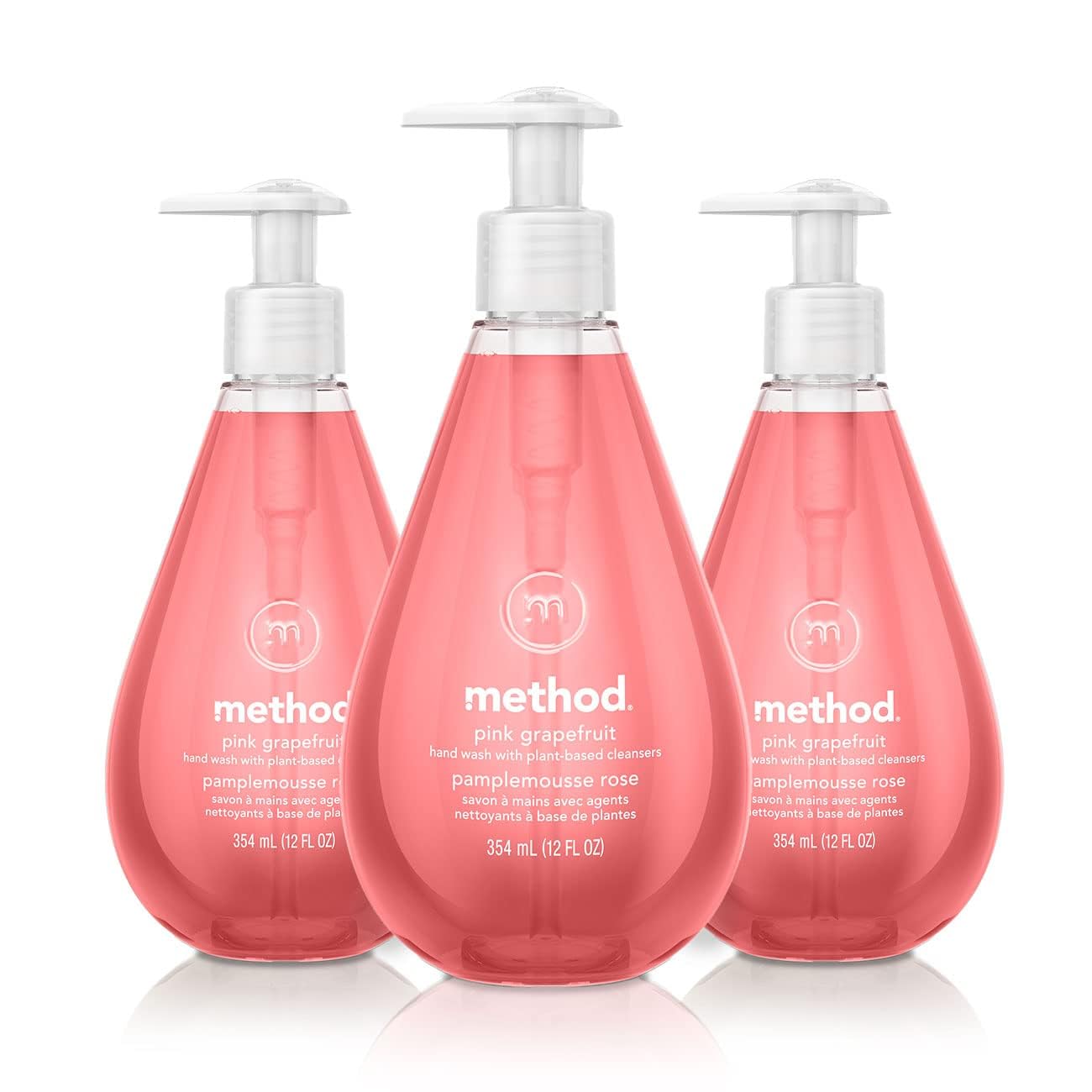 Method Pink Grapefruit gel hand soap bottle pour enables easy, mess-free dispensing.