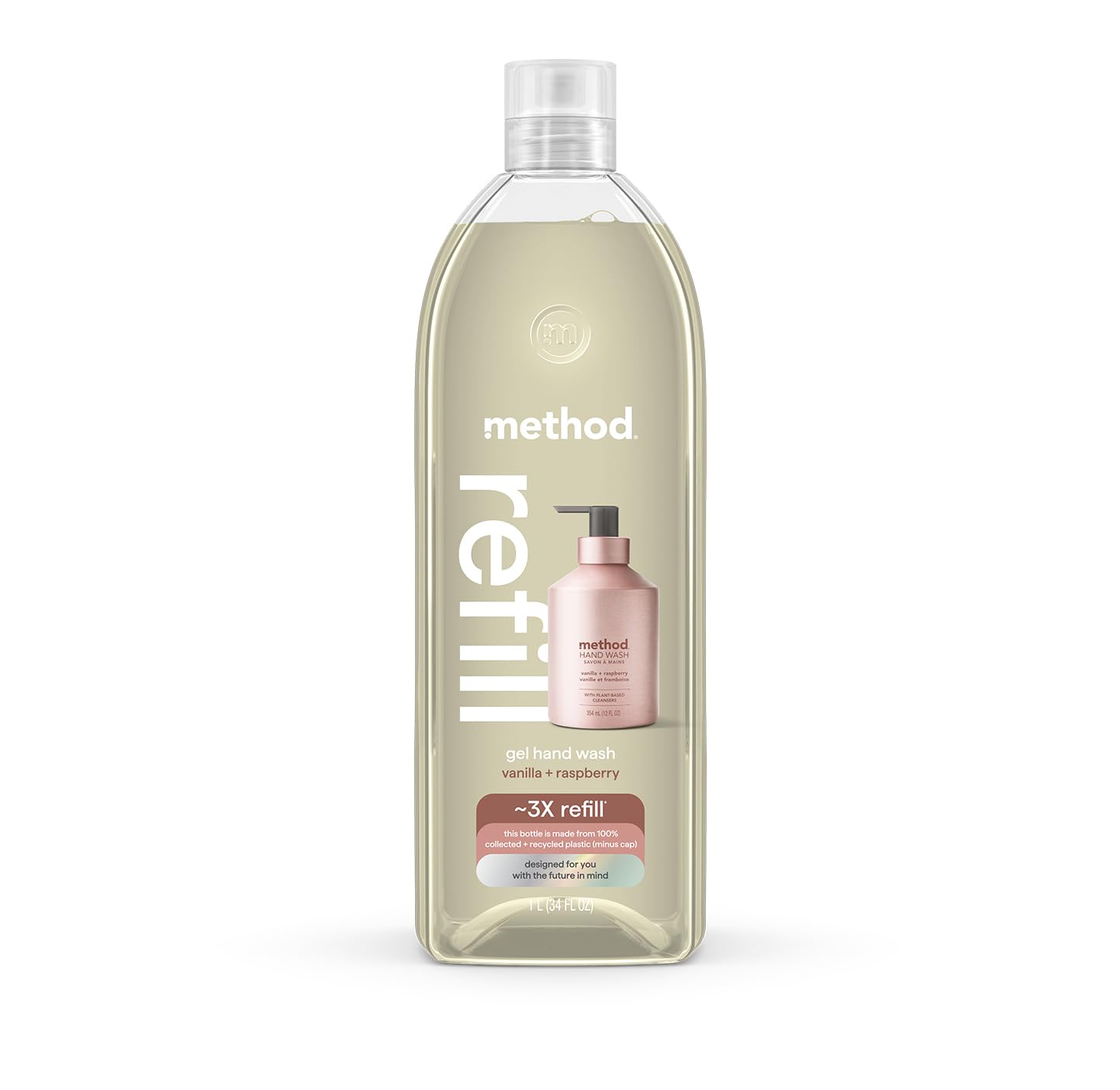 Method Gel Hand Soap Refill bottle shows Vanilla Raspberry scent and moisturizing cleansing.