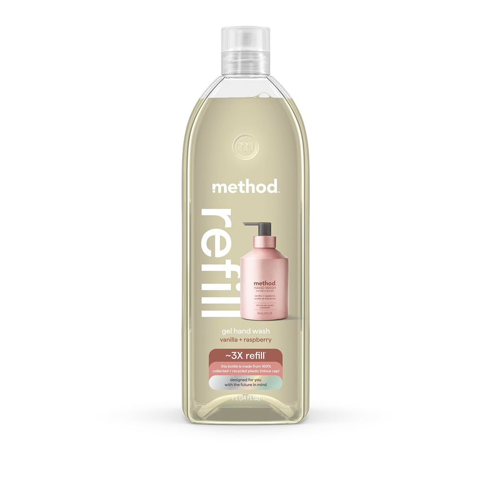 Method Gel Hand Soap Refill bottle shows Vanilla Raspberry scent and moisturizing cleansing.