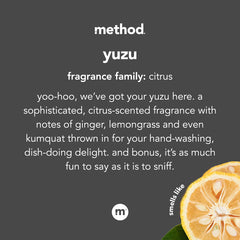 Method Gel Hand Wash Yuzu close-up reveals rich plant-based lather.