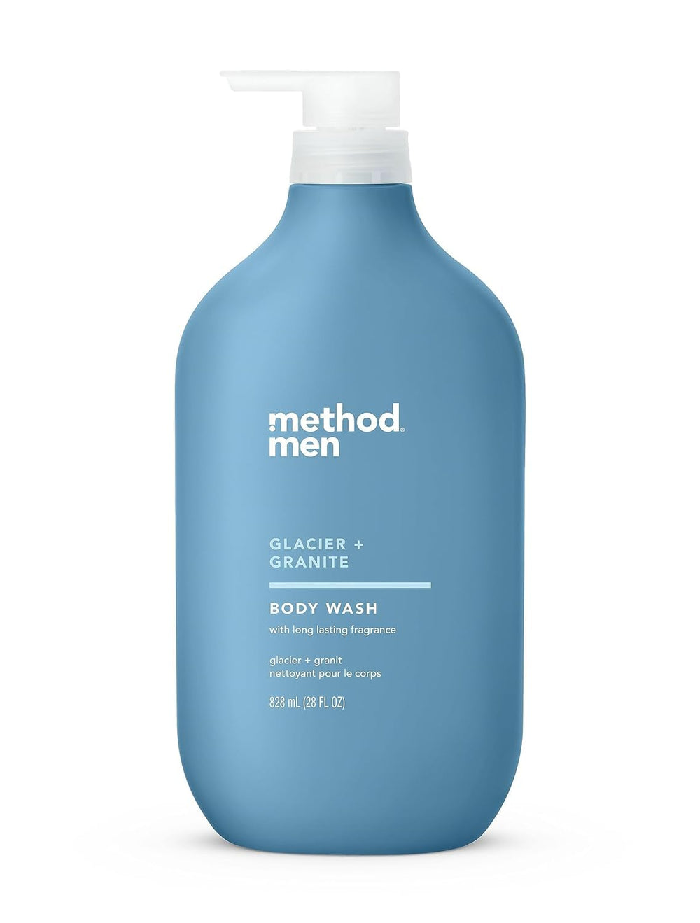 Method Men Glacier Granite bottle highlights a paraben-free formula for a refreshing shower.