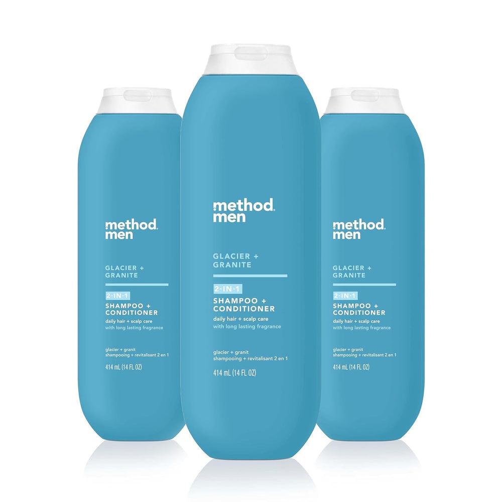 Method Men Glacier Granite bottle emphasizes eco-friendly packaging for a simple grooming routine.
