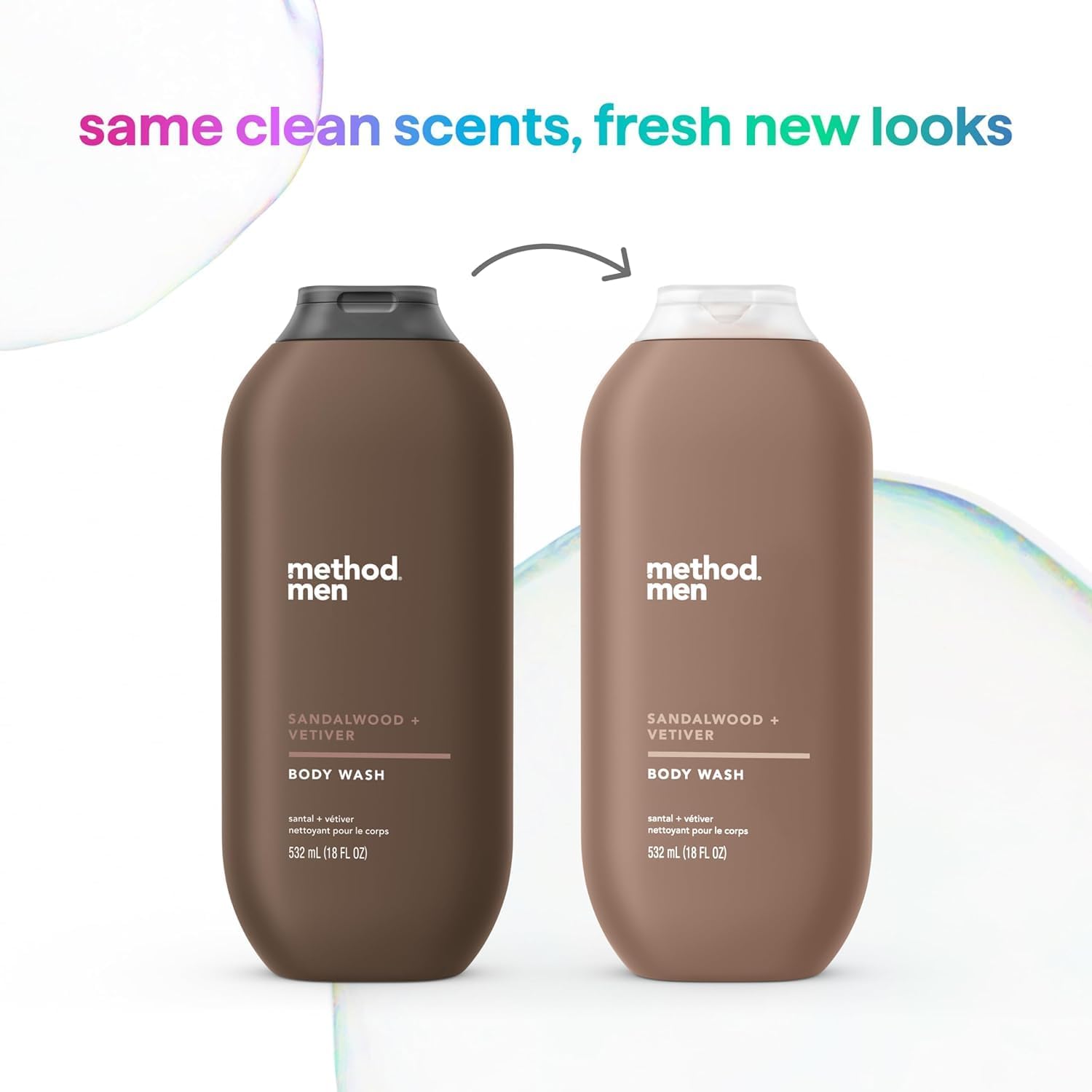 Method Men Sandalwood + Vetiver body wash close-up shelf – keeps your routine simple.