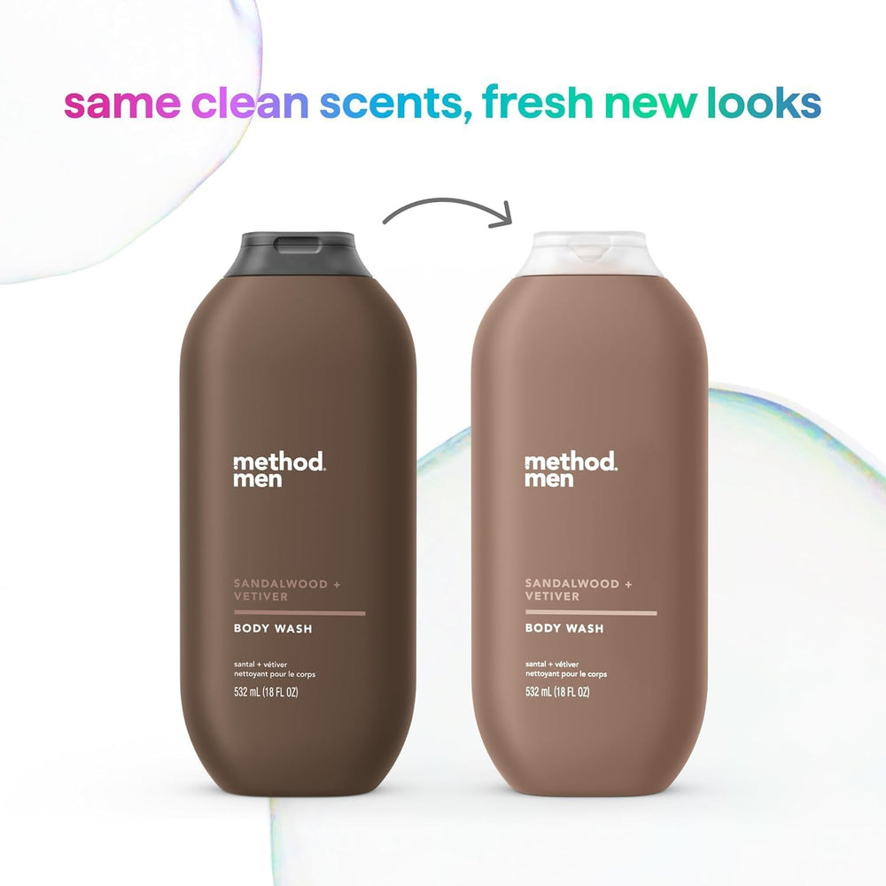 Method Men Sandalwood + Vetiver body wash close-up shelf – keeps your routine simple.