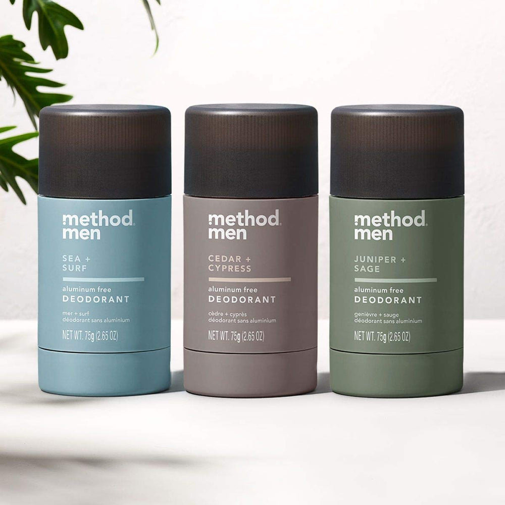 Earthy Juniper & Sage fragrance notes highlighted by Method Mens deodorant.